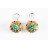 PAIR OF 18k YELLOW AND WHITE GOLD EAR CLIPS OF CHASED FLORET FORM EACH SET WITH SEVEN TURQUOISE