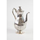 ATTRACTIVE VICTORIAN SILVER COFFEE POT OF OCTAGONAL BALUSTER SHAPE WITH SCROLL HANDLE AND CURVED