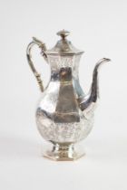 ATTRACTIVE VICTORIAN SILVER COFFEE POT OF OCTAGONAL BALUSTER SHAPE WITH SCROLL HANDLE AND CURVED