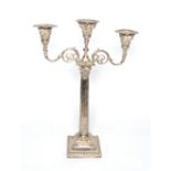 ELECTROPLATED THREE LIGHT, TWIN BRANCH CANDELABRUM, of Corinthian column form with square base,