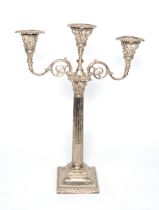 ELECTROPLATED THREE LIGHT, TWIN BRANCH CANDELABRUM, of Corinthian column form with square base,