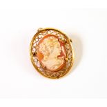 OVAL SHELL CAMEO BROOCH / PENDANT in gold-plated openwork frame, 1 3/8" (3.5cm) high