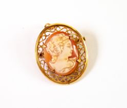 OVAL SHELL CAMEO BROOCH / PENDANT in gold-plated openwork frame, 1 3/8" (3.5cm) high