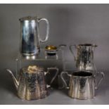 THREE PIECE ENGRAVED ELECTROPLATED TEASET, of tapering, oval form, decorated with stylised floral