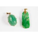 CHINESE VARIEGATED GREEN JADE PENDANT WITH GOLD COLOUR METAL SUSPENSION LOOP, and another CLAW-SET