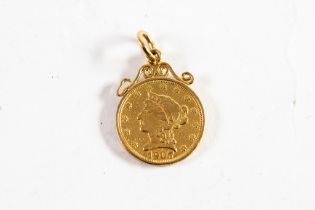 USA GOLD 1907, 2 1/2 DOLLAR COIN, with soldered scroll mount as a pendant, 2cm diameter, 6.6gms