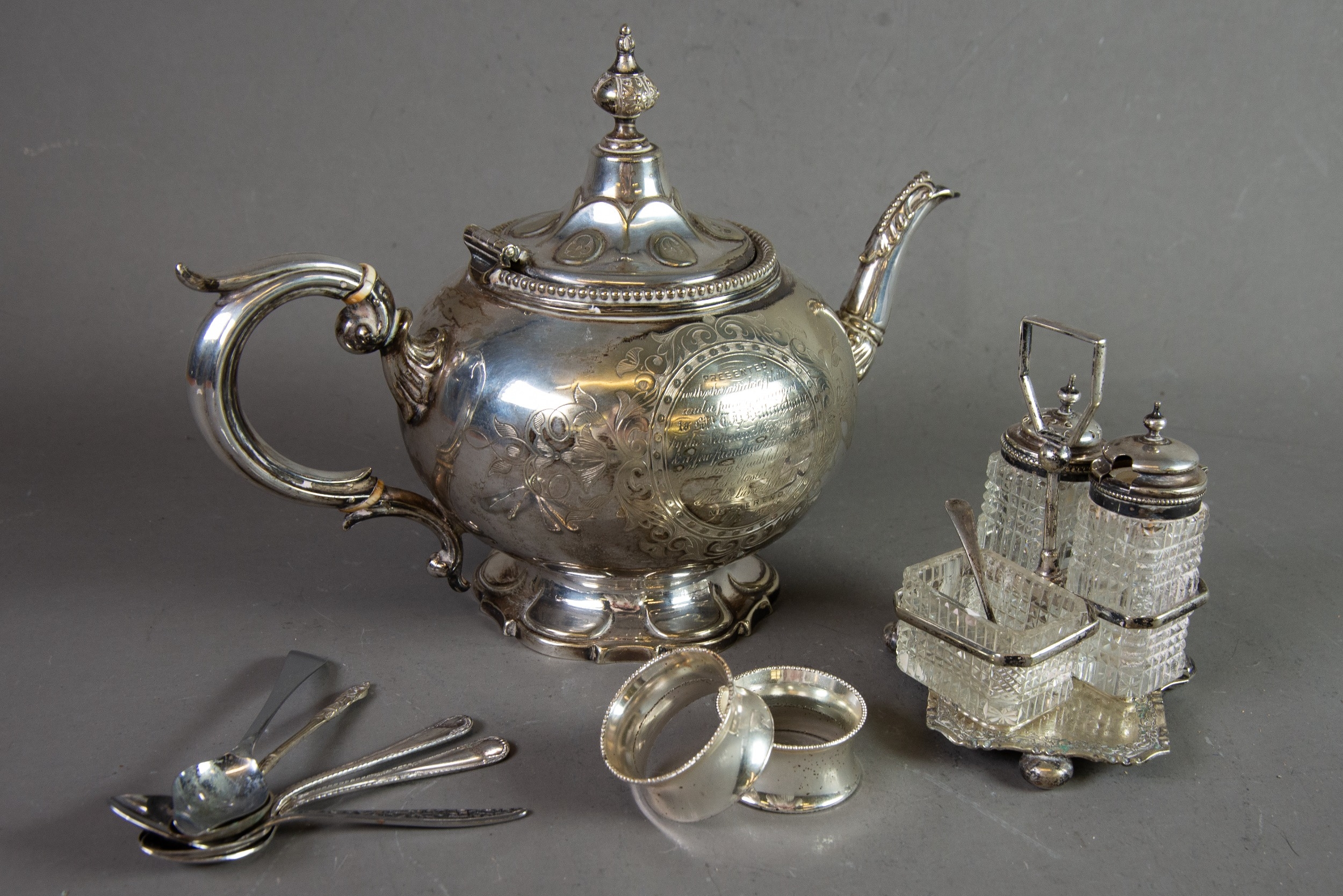 VICTORIAN ELECTROPLATE PRESENTATION TEAPOT maker J. Prime, Sheffield, rococo-style and globular with