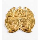 CHINESE GOLD STAMPED EMBOSSED PANEL PENDANT with two pictorial heart shaped reserves, one with