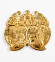 CHINESE GOLD STAMPED EMBOSSED PANEL PENDANT with two pictorial heart shaped reserves, one with