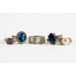 ART DECO STYLE SILVER RING set with blue and white stones; SILVER BROAD BAND RING with mother-of-