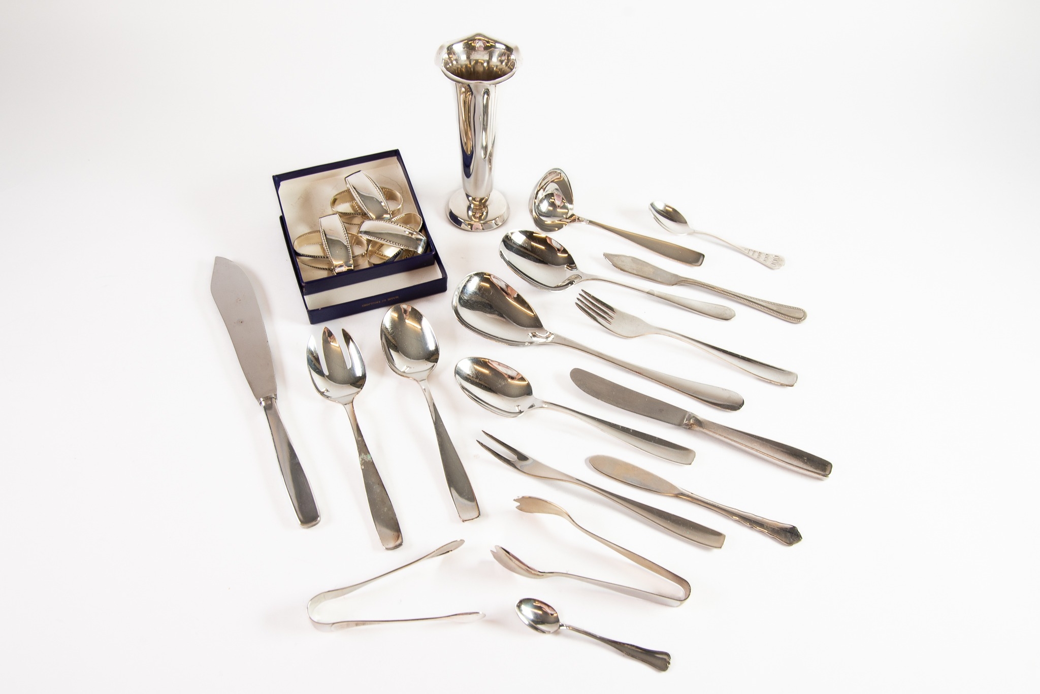COLLECTION OF MODERN WMF WHITE METAL FLATWARE, including: TWO PAIRS OF SERVING SPOONS, PAIR OF SALAD