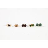 9ct GOLD AND JADE BUTTON STUD EARRINGS; PAIR OF GARNET STUDS; TOURMALINE STUDS; WHITE PEARL AND