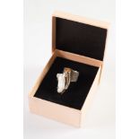GENTS TEXTURED STERLING SILVER RING, mounted with a baroque pearl and Citrine, size M/N