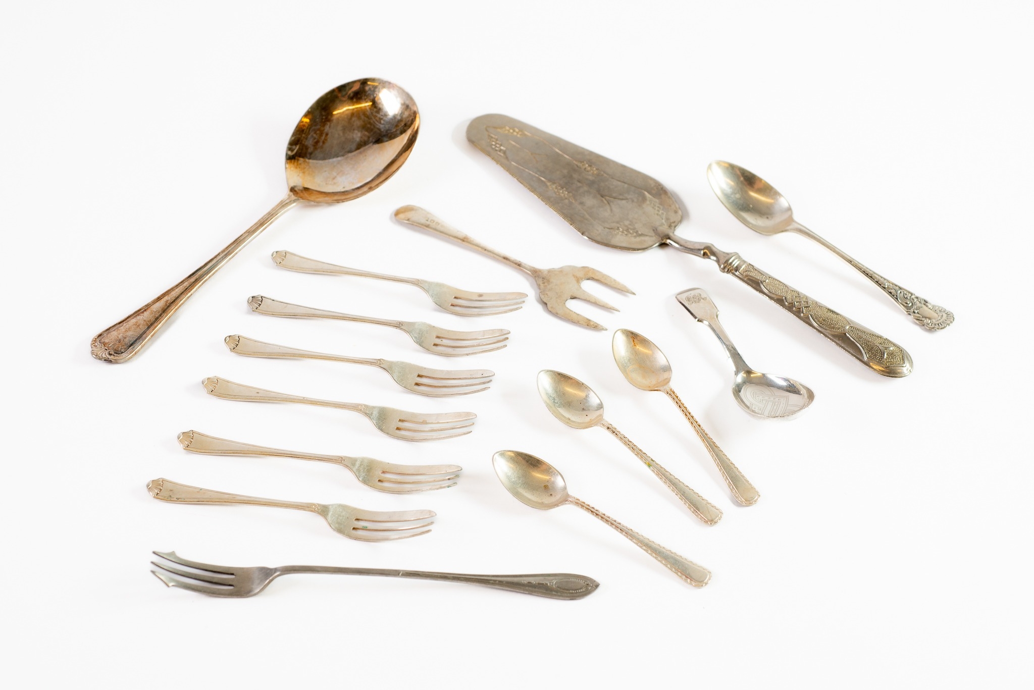 FOUR INTER-WAR YEARS CASED SETS OF FISH KNIVES & FORKS, CAKE FORKS, SERVING UTENSILS, and