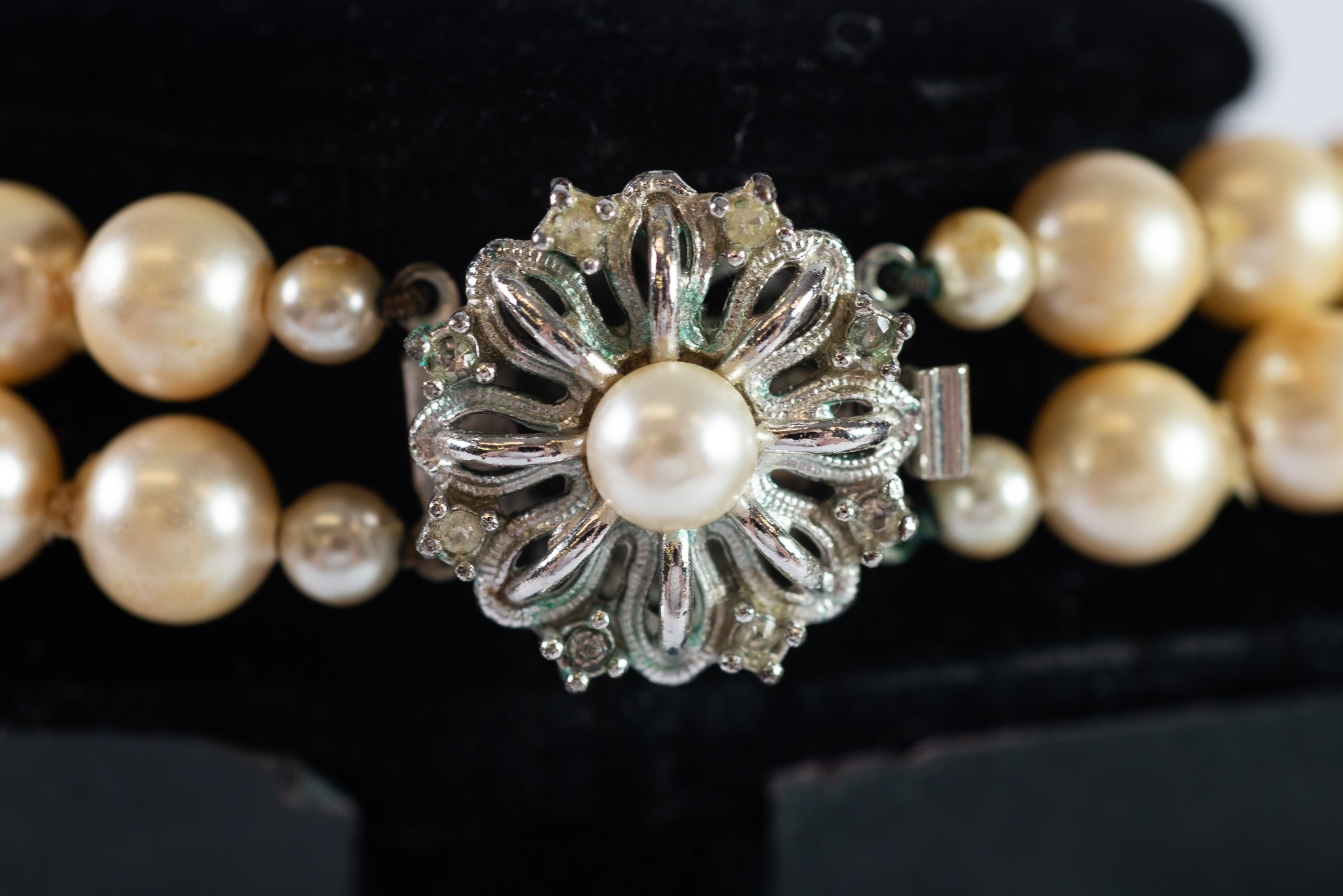 VINTAGE DOUBLE STRAND 'ROSITA' SIMULATED PEARL NECKLACE WITH WHITE METAL CLASP, in card box as - Image 2 of 2