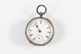 VICTORIAN SILVER OPEN-FACED POCKET WATCH with key wind movement, white roman dial with subsidiary