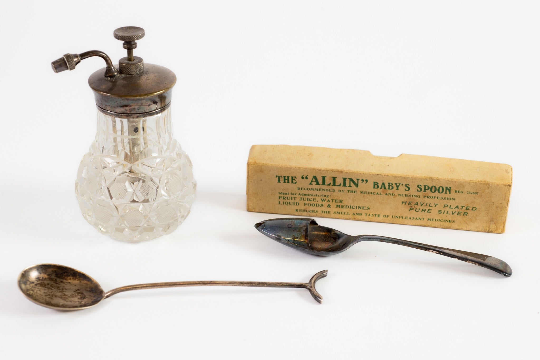 EDWARDIAN SILVER-PLATED TOPPED CUT GLASS SCENT SPRAY, also a BOXED SILVER PLATED 'THE ALLIN' BABY'