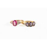 9ct GOLD RING SET WITH OVAL PINK SAPPHIRE AND TINY DIAMONDS TO STEPPED SHOULDERS; 9ct GOLD RING WITH