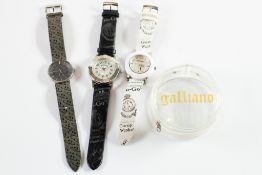 TWO GALLIANO WRIST WATCHES, one as new, in case, and a VIVIENNE WESTWOOD WRIST WATCH, (3)