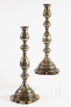 GEORGE VI PAIR OF ENGRAVED SILVER TABLE CANDLESTICKS, each of slender baluster form with