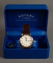 GENT'S ROTARY QUARTZ GOLD-PLATED WRIST WATCH with white roman dial with day, date aperture;