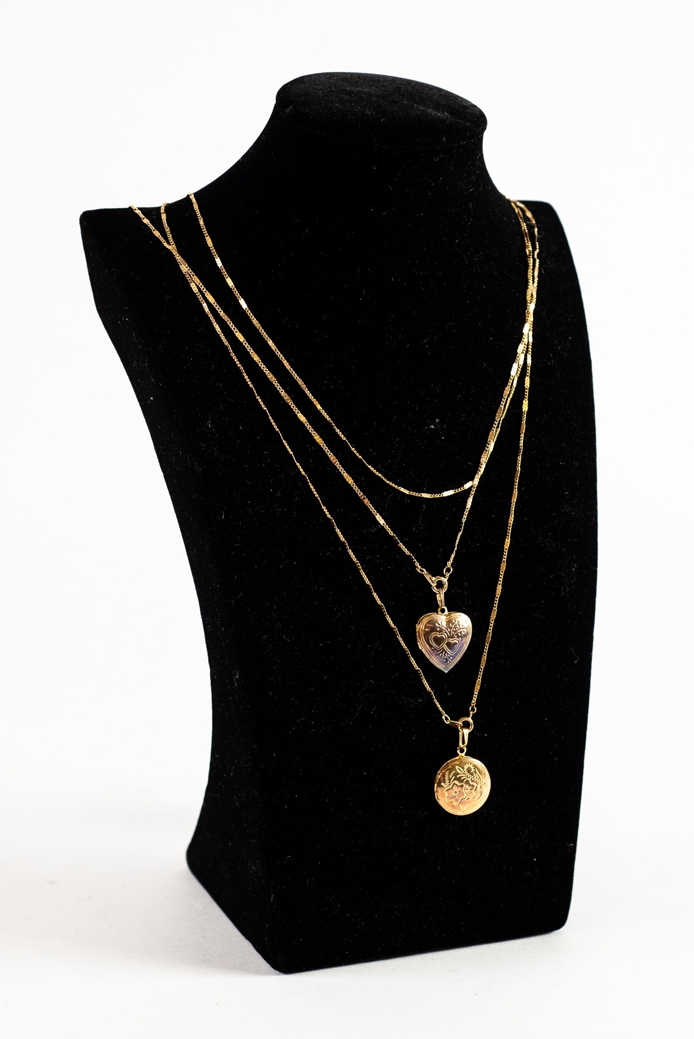 TWO GOLD PLATED FINE CHAIN NECKLACES, each with some tiny panel links, 24in (61cm) long, with gold