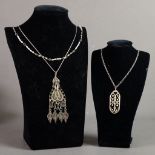 SILVER SNAKE PATTERN CHAIN NECKLACE with Continental filigree pendant with four drops; NECKLACE with