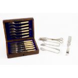 OAK CASED SET OF SIX PAIRS OF FISH EATERS WITH IVORINE HANDLES and SILVER FERRULES, Sheffield