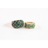 9ct GOLD QVC TRIPLE STRAND HALF HOOP RING, set with numerous small emeralds and eight small diamonds