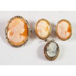 THREE CONTINENTAL SHELL CARVED CAMEO BROOCH PENDANTS and another carved mother of pearl CAMEO, in