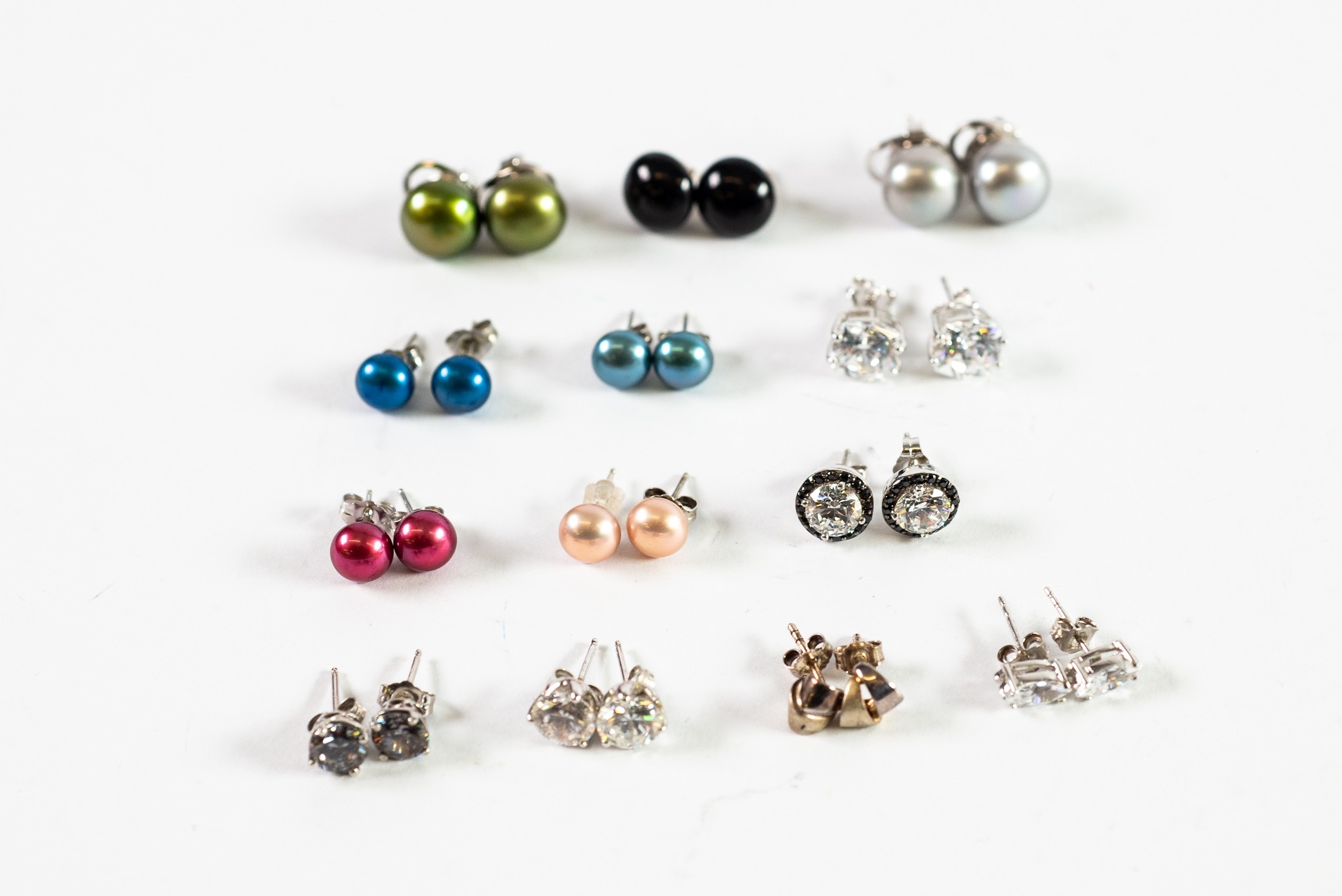 6 PAIRS OF SILVER AND COLOURED PEARL BUTTON STUD EARRINGS; 5 SILVER AND CZ SET STUDS; and two others