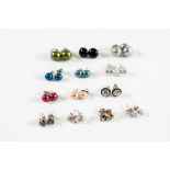 6 PAIRS OF SILVER AND COLOURED PEARL BUTTON STUD EARRINGS; 5 SILVER AND CZ SET STUDS; and two others