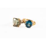 9ct GOLD RING SET WITH LARGE OBLONG GREEN QUARTZ, tiny diamonds to each shoulder; 9ct GOLD RING WITH