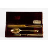 GEORGE III CASED THREE PIECE SILVER GILT CHILD’S CUTLERY SET, the fork and knife with filled