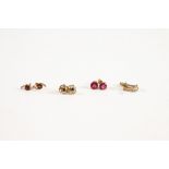 9ct GOLD BLUE SAPPHIRE AND DIAMOND SWIRL PATTERN EARRINGS; another PINK SAPPHIRE STUD EARRINGS;