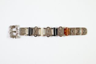 VICTORIAN SILVER AND BANDED AGATE BUCKLE BRACELET, five foliate scroll engraved curved and pierced