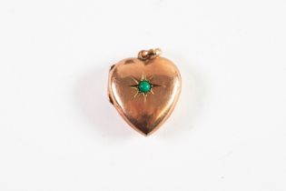 VICTORIAN GOLD COLOURED METAL SMALL HEART SHAPED LOCKET PENDANT, star set with a small turquoise,