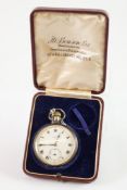 J.W. BENSON, LONDON, OPEN-FACED POCKET WATCH with keyless movement, white roman dial with subsidiary