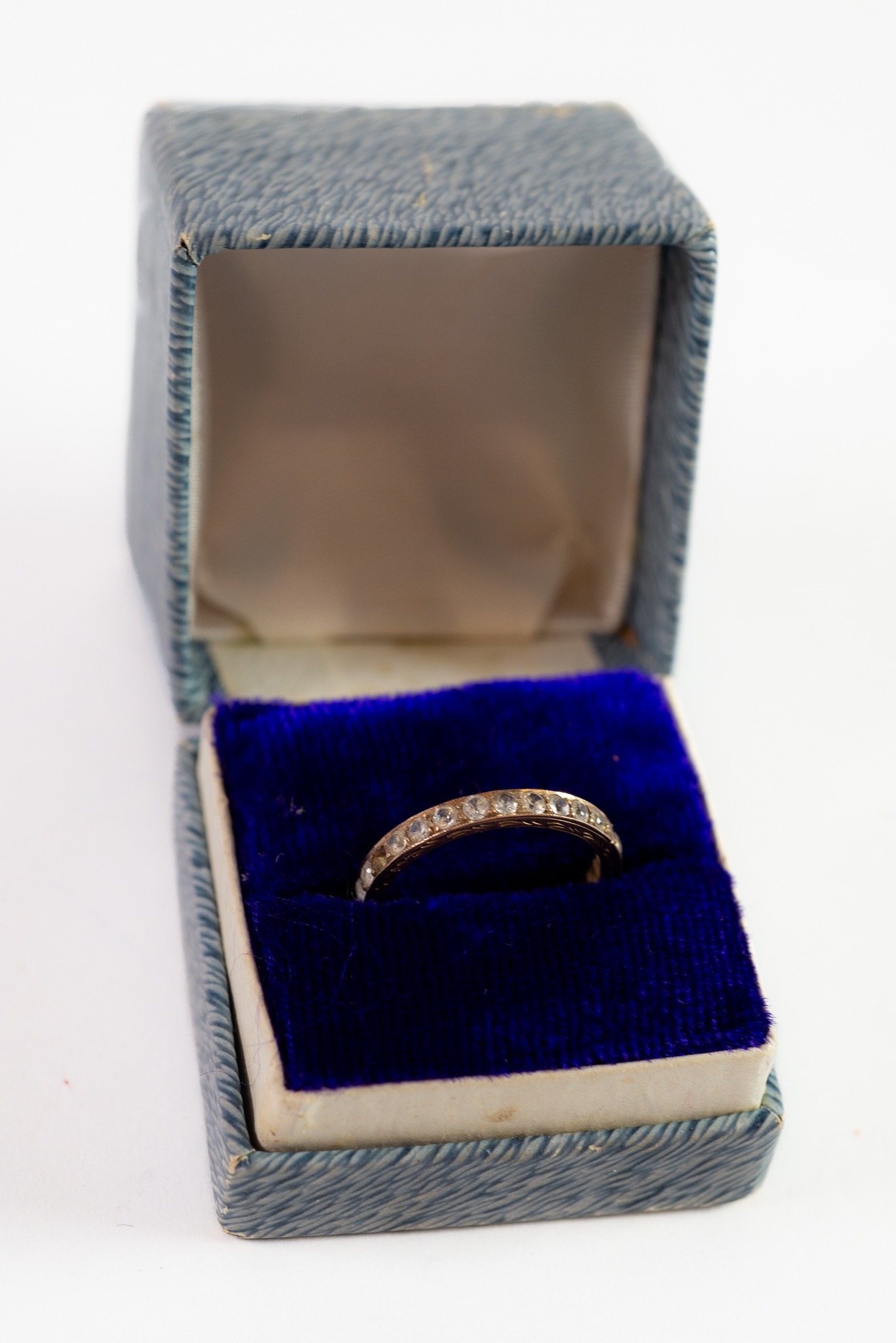 9ct GOLD TINY GREEN AND WHITE STONE SET ETERNITY RING, another unmarked GOLD COLOUR METAL TINY WHITE - Image 6 of 6