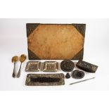 FOUR PIECE CHINESE EMBOSSED ANTIMONY WRITING SET, including blotter (handle loose), pen tray and ink