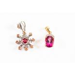 9ct GOLD OVAL PINK SAPPHIRE PENDANT with diamond accents; another 9ct WHITE GOLD AND RUBY SPRAY