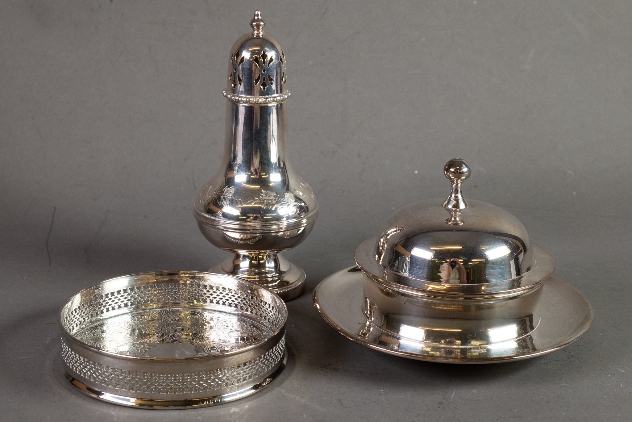 THREE PIECES OF ELECTROPLATE, comprising: CIRCULAR MUFFIN DISH AND COVER WITH INTEGRAL STAND,