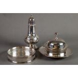 THREE PIECES OF ELECTROPLATE, comprising: CIRCULAR MUFFIN DISH AND COVER WITH INTEGRAL STAND,
