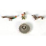 SILVER AND MARCASITE AND EMAMELLED PHEASANT BROOCH; enamelled and marcasite dachshund and robin