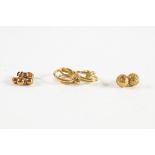 9ct GOLD TRIPLE HOOP EARRINGS; 9ct GOLD ROUND TEXTURED STUD EARRINGS; and 9ct DOUBLE BALL STUD