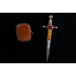 VICTORIAN SILVER AND SCOTCH PEBBLE PLAID BROOCH OF SWORD PATTERN, 2 3/8" long (6cm); VICTORIAN SMALL