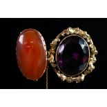 VICTORIAN OVAL CARNELIAN BROOCH in narrow gold coloured metal frame and safety chain, 1 3/4" (4.4cm)