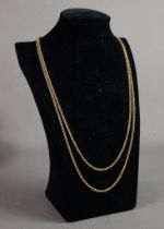 9ct GOLD LONG GUARD CHAIN WITH WATCH CLIP, 60" long (152.5cm), 36gms