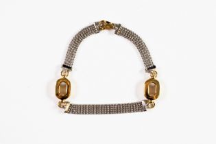 9ct WHITE GOLD MESH BRACELET, with two yellow gold large link dividers and yellow gold bayonet