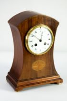 EDWARDIAN INLAID MAHOGANY MANTLE CLOCK, the 4” enamelled dial powered by a drum shaped movement,